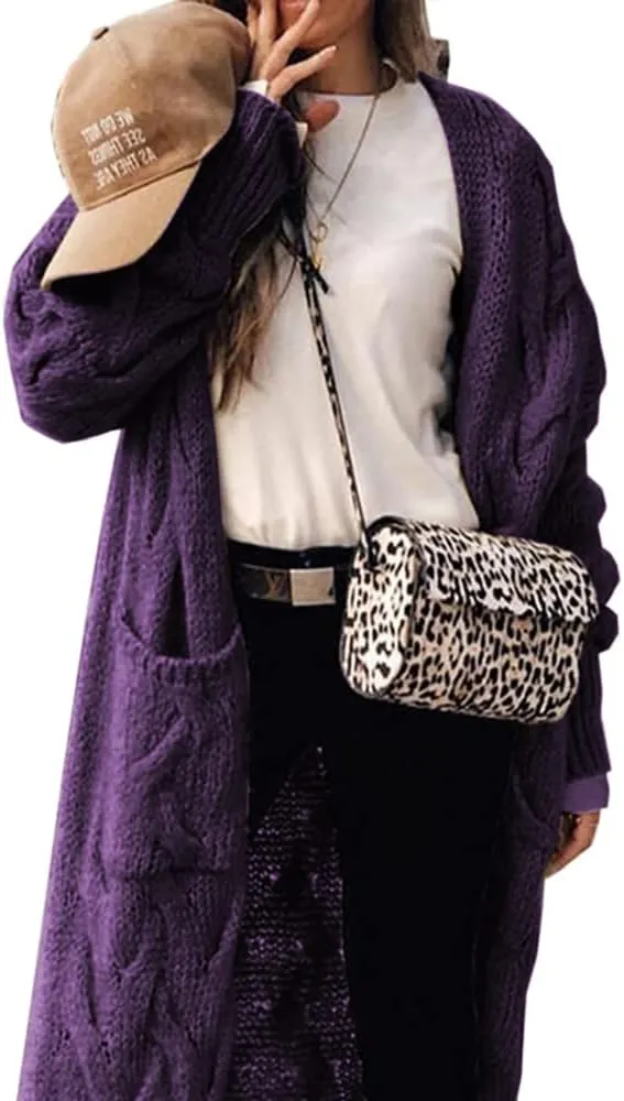 ZIWOCH Women's Long Cardigan Coats Cable Knit Casual Open Front Long Sleeve Loose Sweater with Pockets