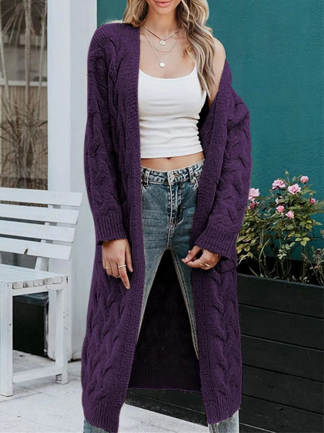 ZIWOCH Women's Long Cardigan Coats Cable Knit Casual Open Front Long Sleeve Loose Sweater with Pockets