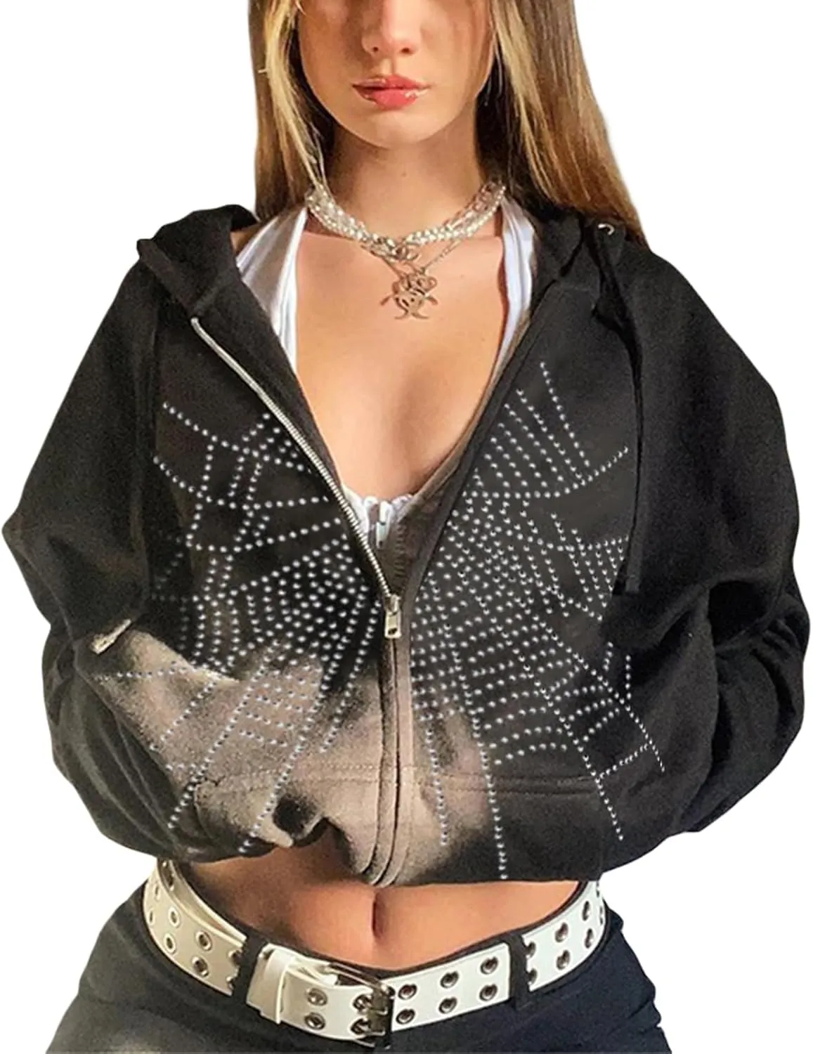 ZKXYFFS Womens Rhinestone Hoodies Y2k Gothic Punk Full Zip Up Over Hoodies Graphic Printed Sweatshirt Cute Oversized Jacket