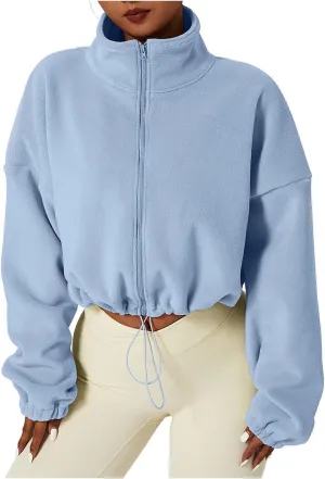 ZWRXW Womens Cropped Coat Full Zip Fleece Sweatshirts Drawstring Long Sleeve Sherpa Jacket Stand Collar Warm Fall Outfits