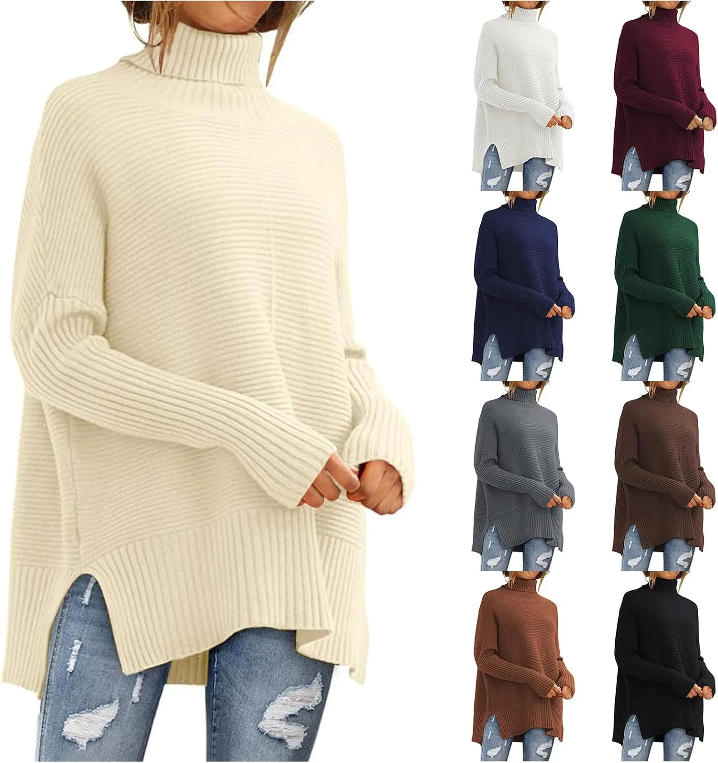ZWRXW Women's Oversized Turtleneck Sweaters Batwing Sleeve Spilt Hem Tunic Pullover Trendy Winter Ribbed Knit Jumper Sweater