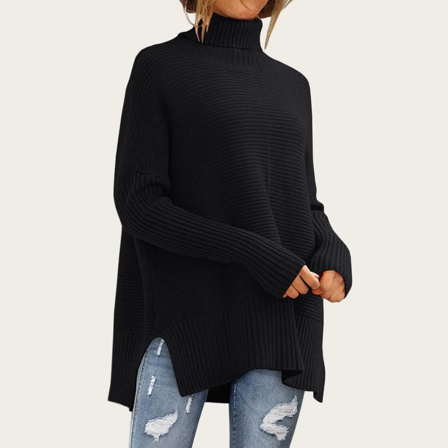 ZWRXW Women's Oversized Turtleneck Sweaters Batwing Sleeve Spilt Hem Tunic Pullover Trendy Winter Ribbed Knit Jumper Sweater