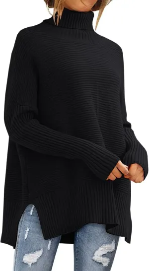 ZWRXW Women's Oversized Turtleneck Sweaters Batwing Sleeve Spilt Hem Tunic Pullover Trendy Winter Ribbed Knit Jumper Sweater