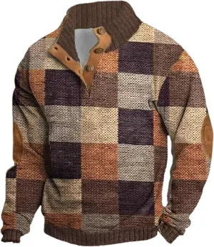ZYXTIM Men's Vintage Cheecked Pullover Stand Collar Long Sleeve Casual Fall Sweatshirts 3D Print Funny Henley Shirts Big&Tall