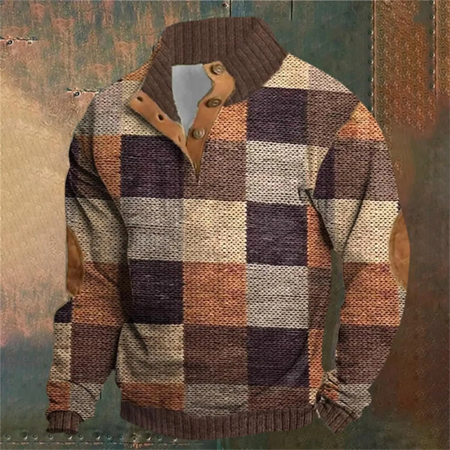 ZYXTIM Men's Vintage Cheecked Pullover Stand Collar Long Sleeve Casual Fall Sweatshirts 3D Print Funny Henley Shirts Big&Tall